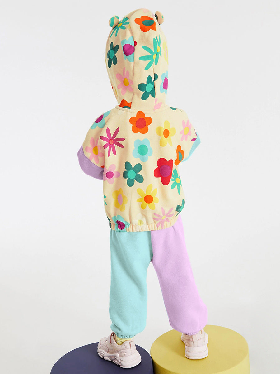 High Quality Spring And Autumn Girls Colorful Flowers Pattern Color Patchwork Long Sleeves Top Hoodie And Pants Clothing Set-2
