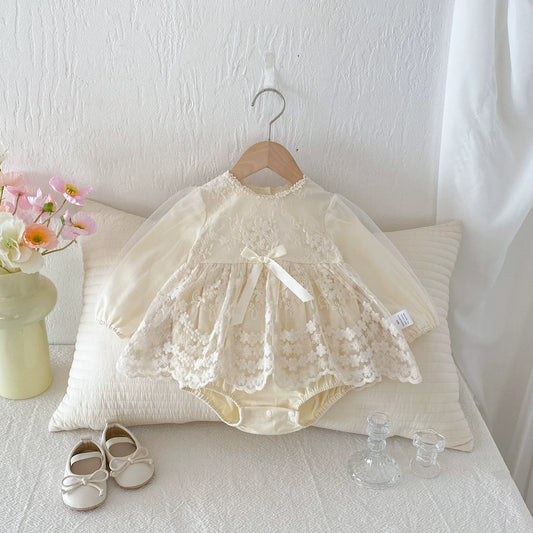 Autumn Arrival Baby Girls Long Sleeves Flowers Pattern Tulle Patchwork Onesies-0