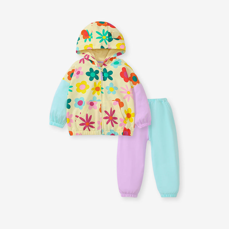 High Quality Spring And Autumn Girls Colorful Flowers Pattern Color Patchwork Long Sleeves Top Hoodie And Pants Clothing Set-1