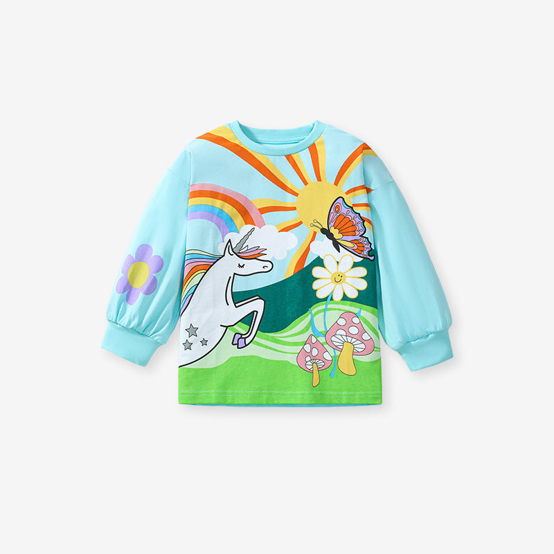 Arrival Autumn Girls’ Vivid Unicorn Cartoon Long Sleeves T-shirt in European and American Style-1