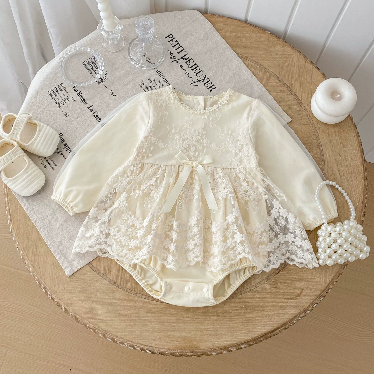 Autumn Arrival Baby Girls Long Sleeves Flowers Pattern Tulle Patchwork Onesies-3